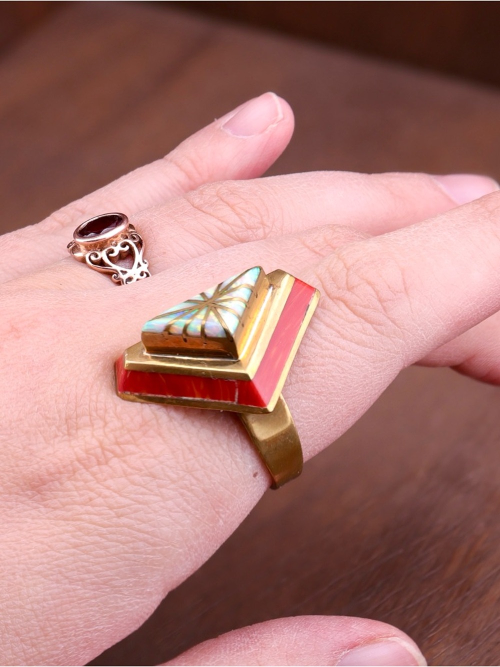 Vintage Larry Castillo Navajo Brass Coral Opal Inlay Brutalist SW Ring Size 9.25 - Picture 11 of 13